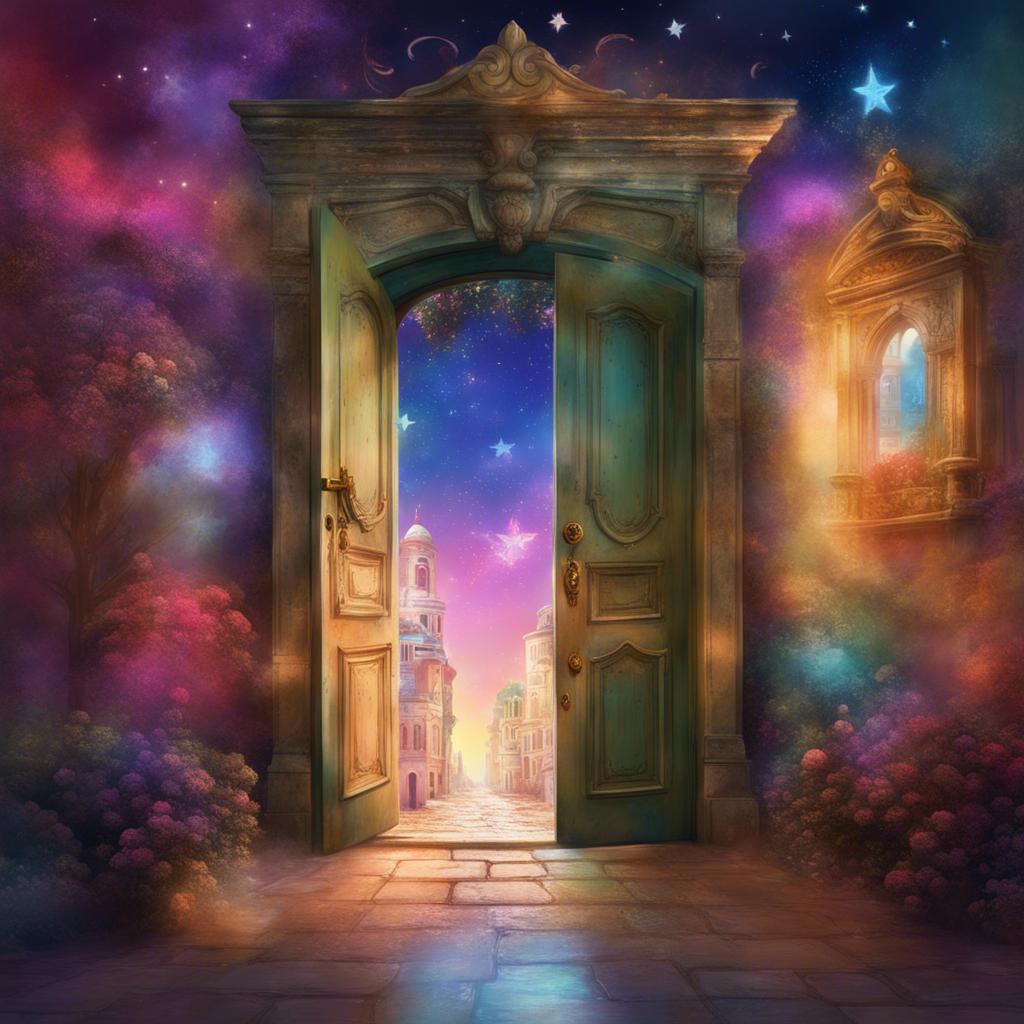 A magical door opens in front of Zeina, revealing a dreamy city with floating stars and vibrant buildings, digital art, colorful and magical, whimsical atmosphere, high quality