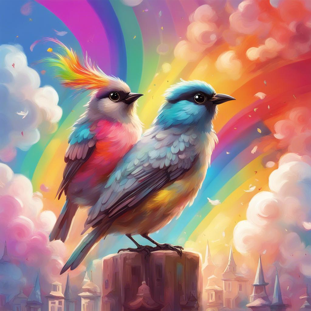 Zeina talking to a small, smart bird, Bulbul, with bright feathers, in the magical city, surrounded by rainbows and fluffy clouds, cheerful illustration, vibrant colors, friendly atmosphere, high quality