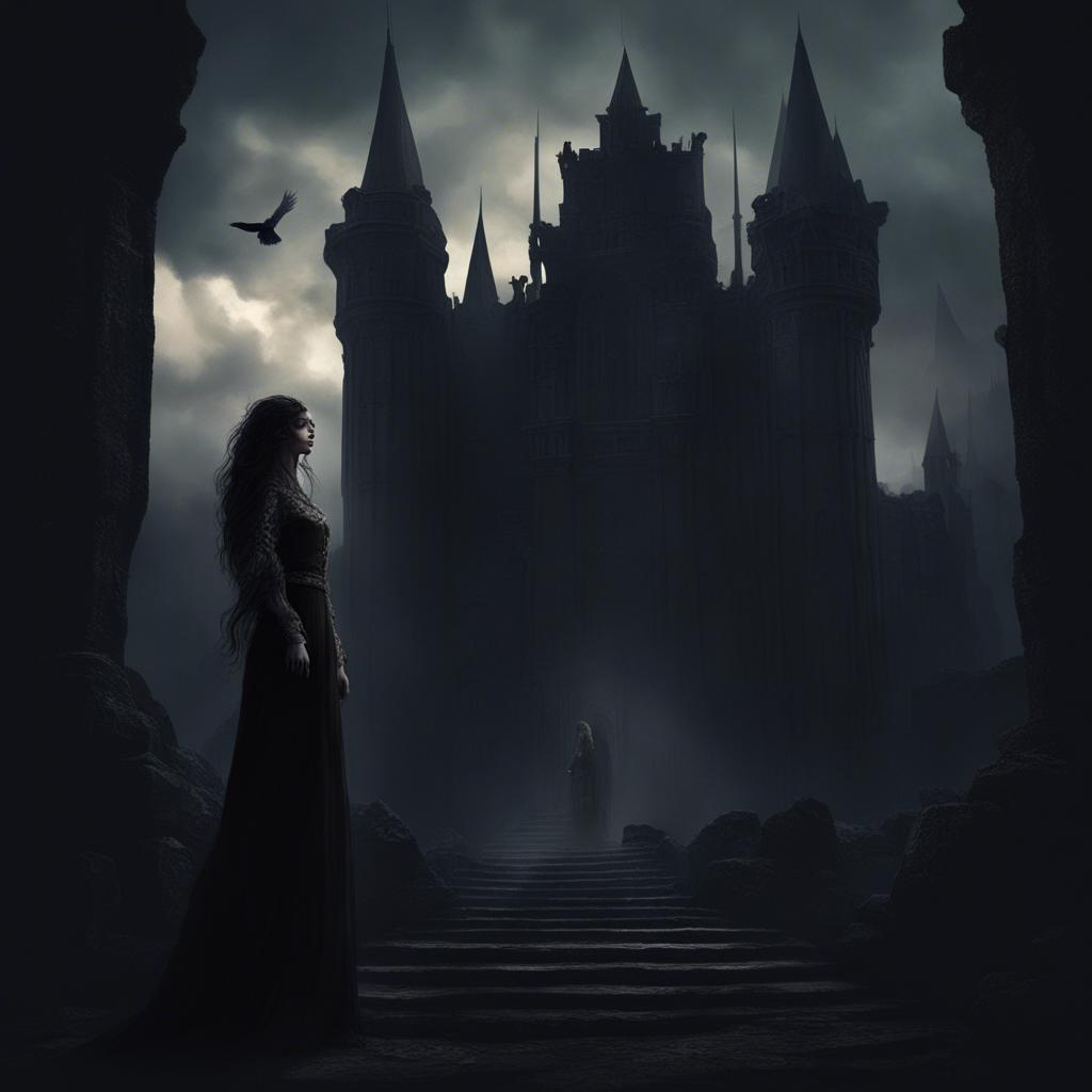 The dark castle of the Dark King, with ominous shadows, tall towers, and an eerie sky, Zeina stands bravely at the entrance with Bulbul by her side, dramatic art, dark colors, intense atmosphere, high quality