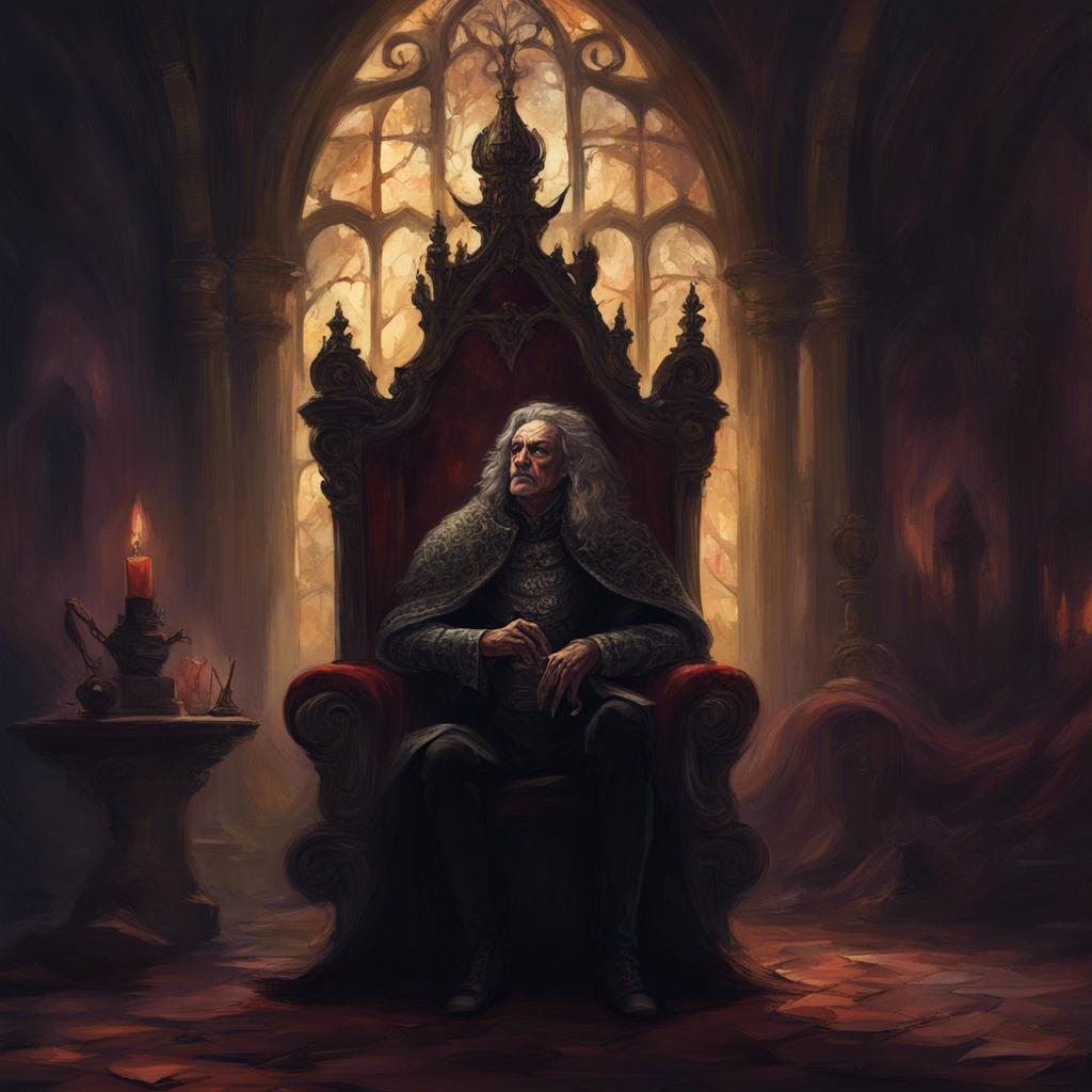 The Dark King with a scary face, listening to Zeina as she tells stories, the castle interior filled with dim light and enchantment, emotional illustration, vibrant contrast, captivating atmosphere, high quality