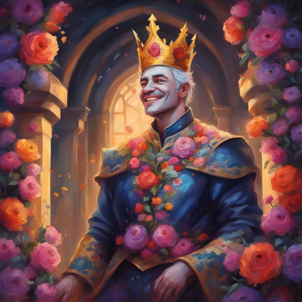 The transformation of the Dark King, as he smiles for the first time, with colorful flowers blooming around him in the castle, joyful illustration, bright colors, uplifting ambience, high quality