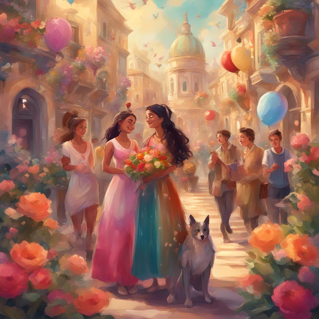 A celebration in the dream city, with happy characters, flowers, and decorations, Zeina and Bulbul at the center receiving thanks from the citizens, festive illustration, bright and cheerful colors, joyful atmosphere, high quality