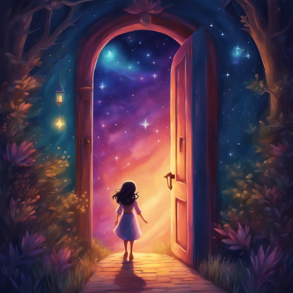Zeina returning home through the magical door, taking memories of her adventure with her, glowing stars and the path behind her, heartwarming illustration, vibrant colors, nostalgic vibe, high quality