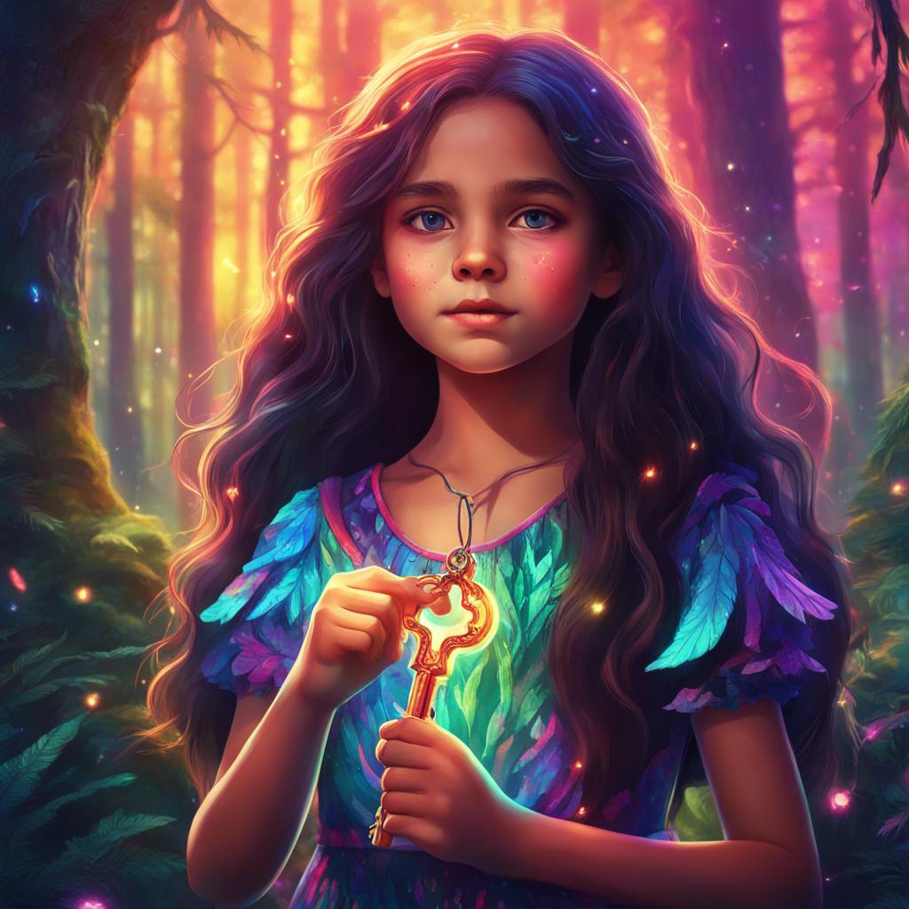A brave eight-year-old girl, Zina, with long dark hair wearing a colorful dress, standing in a vibrant forest, holding a magical key that sparkles in the sunlight, digital art, colorful, enchanting atmosphere, vivid fantasy, high quality