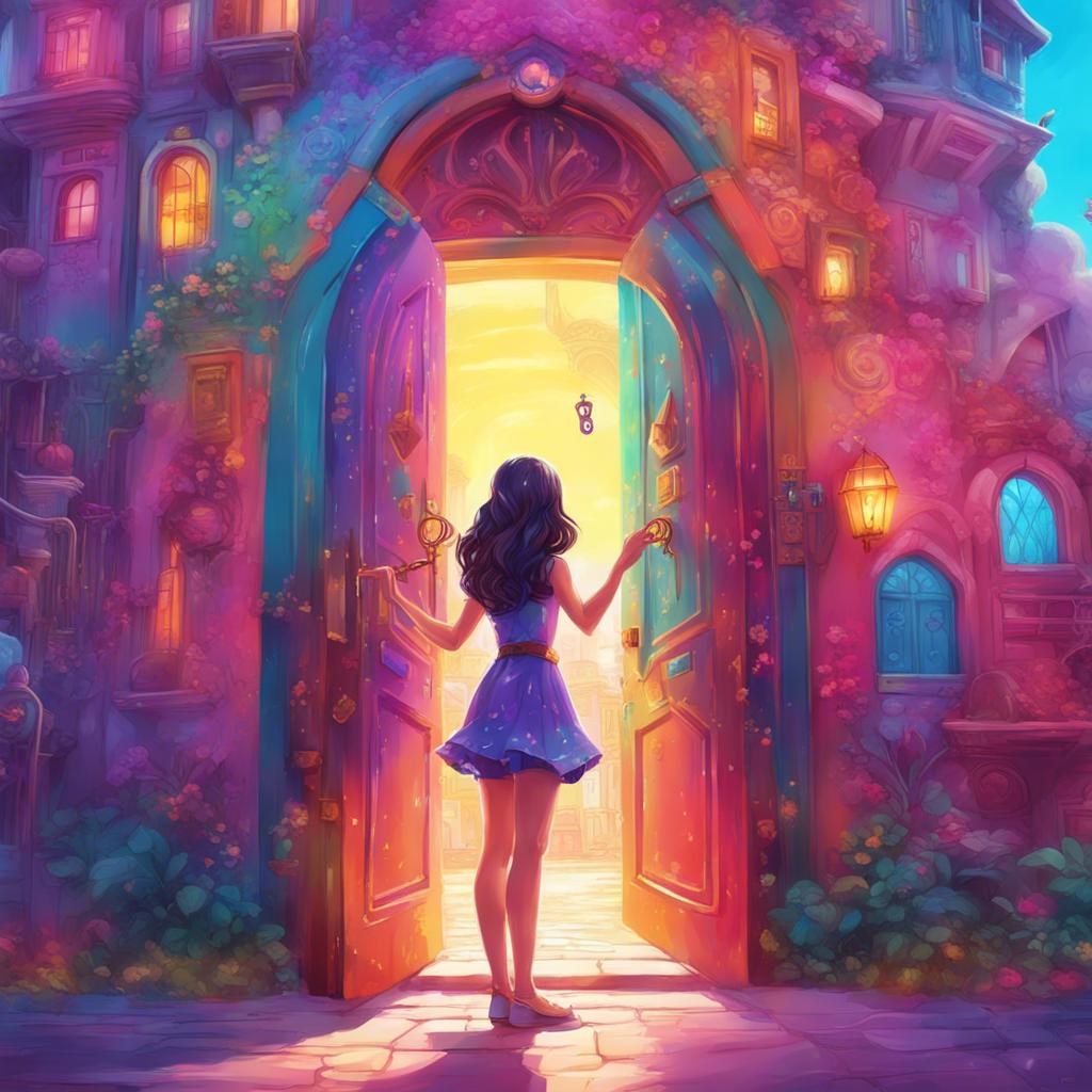 Zina, a brave girl with long dark hair in a colorful dress, using a shiny key in front of a large magical door opening up to a whimsical dreamland filled with colorful buildings, illustration, bright, cheerful and vibrant, inviting atmosphere, high quality