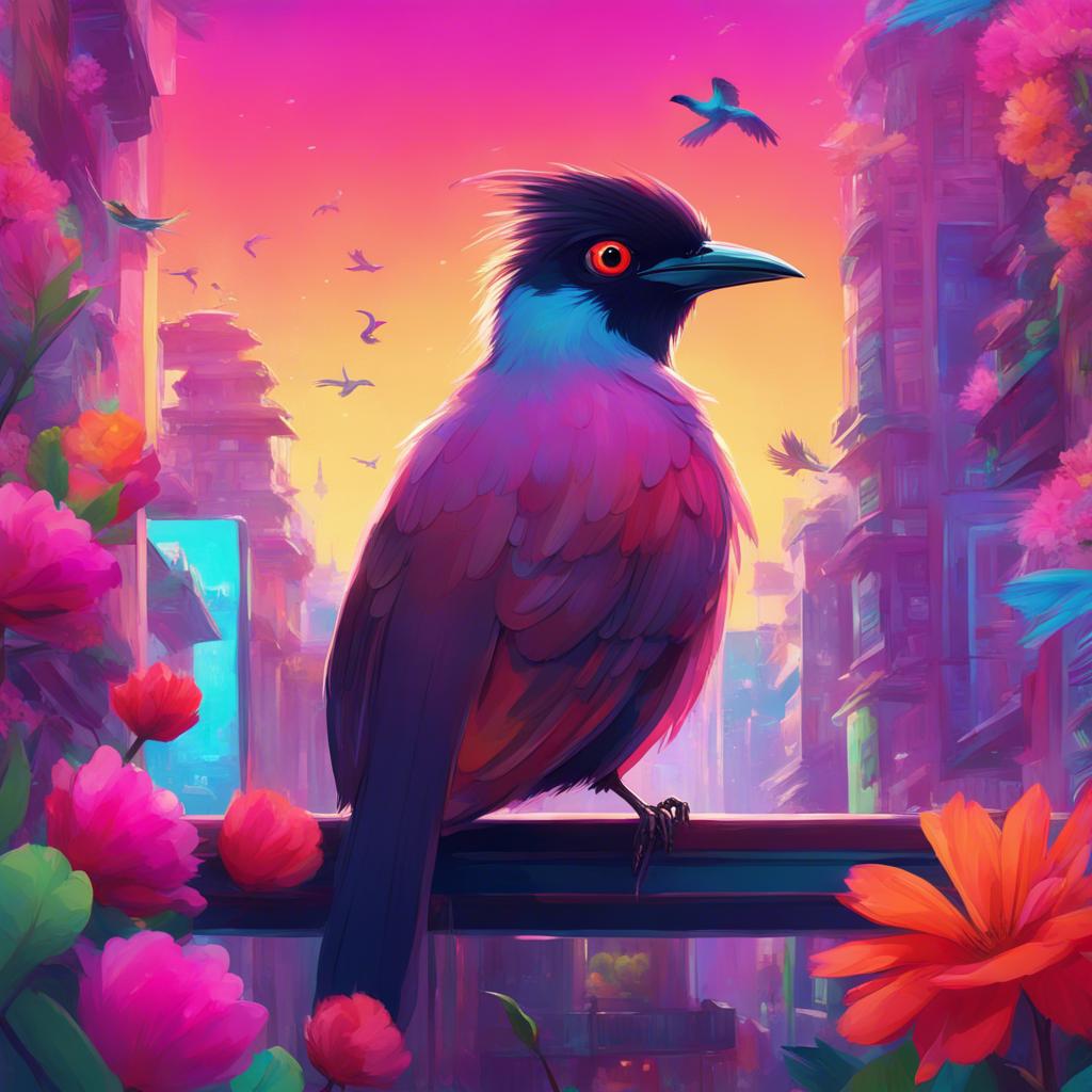 A small, clever bird, Bulbul, with bright feathers, sitting on Zina's shoulder while they explore a vibrant dream city filled with colorful flowers, digital art, lively colors, cheerful ambiance, high quality