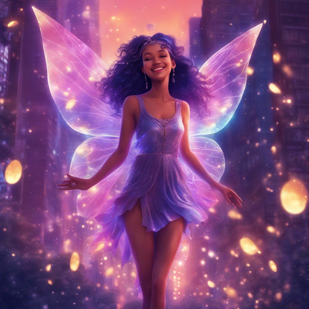 A beautiful fairy, Luna, with shimmering wings and a kind smile, flying alongside Zina and Bulbul in the dream city filled with sparkles and lights, illustration, magical and uplifting, fantasy atmosphere, high quality