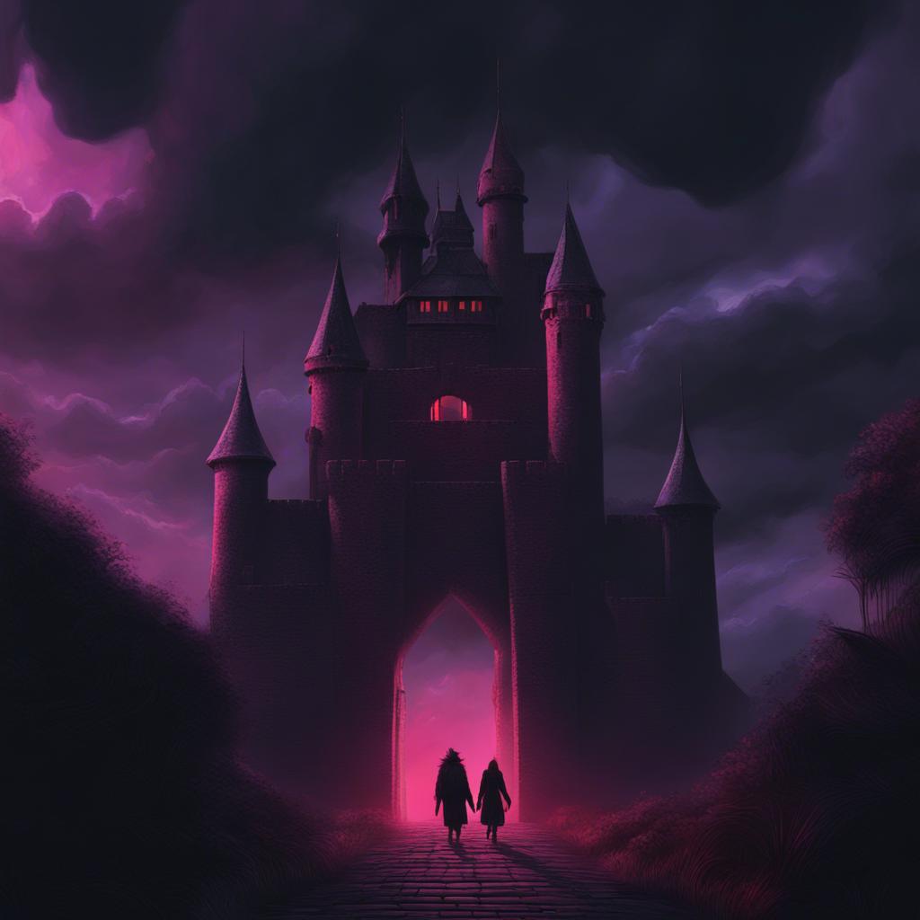 A dark, towering castle where the evil King of Darkness resides, with ominous clouds hovering above, while Zina and Bulbul bravely approach the entrance, digital painting, dark colors, dramatic and tense, high quality