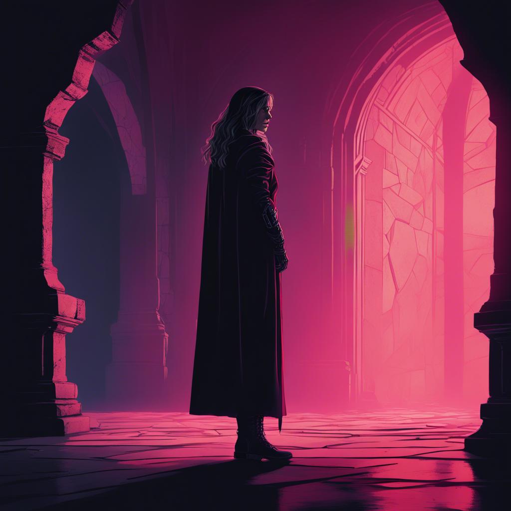 Zina with a determined expression, standing confidently before the King of Darkness, who appears shadowy and imposing, in a dark room of the castle, illustration, gripping and powerful scene, high quality