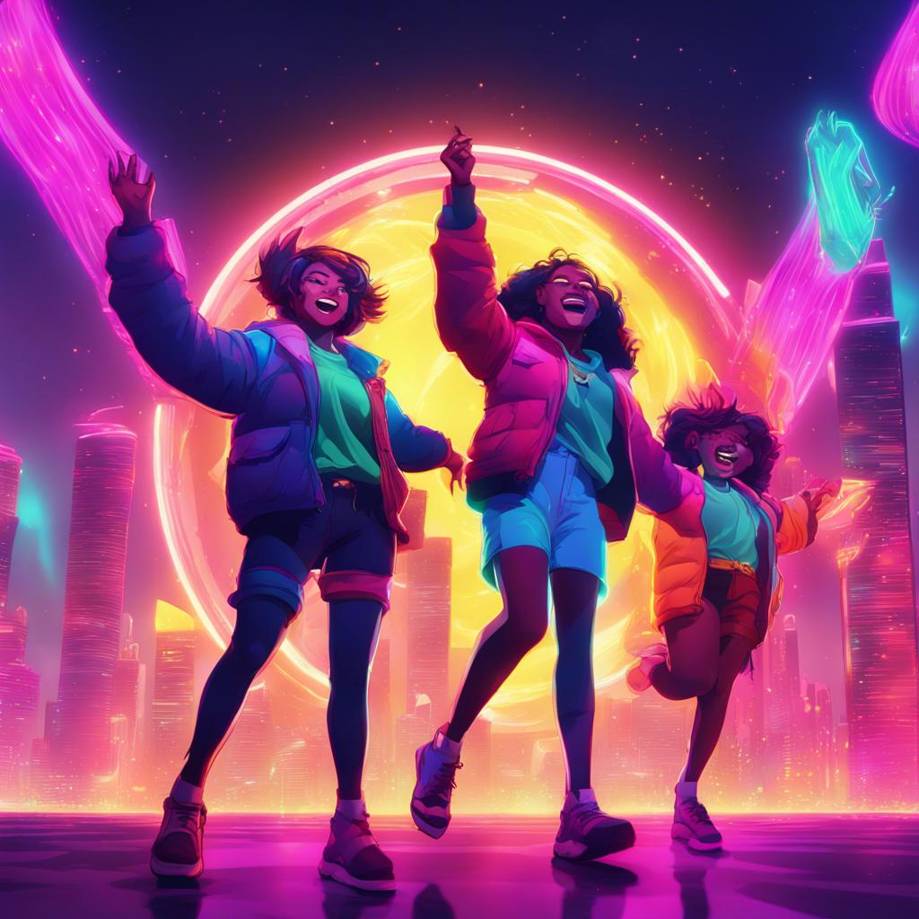 Luna, Zina, and Bulbul rejoicing with colorful lights surrounding them after defeating the King of Darkness, in the vibrant dream city, digital art, bright colors, joyful and celebratory, high quality