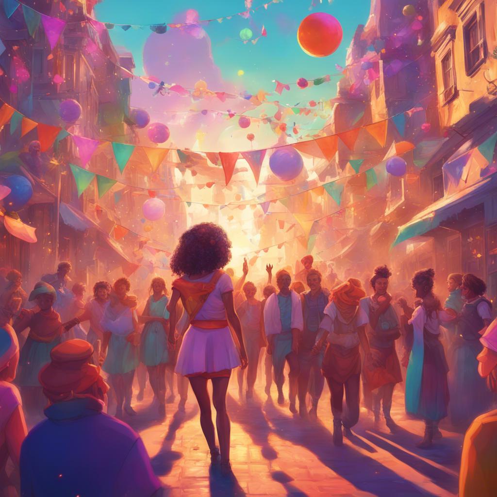 A celebration in the dream city with Zina as a hero, surrounded by happy townsfolk and colorful decorations, the sun shining bright, illustration, festive atmosphere, cheerful scene, high quality