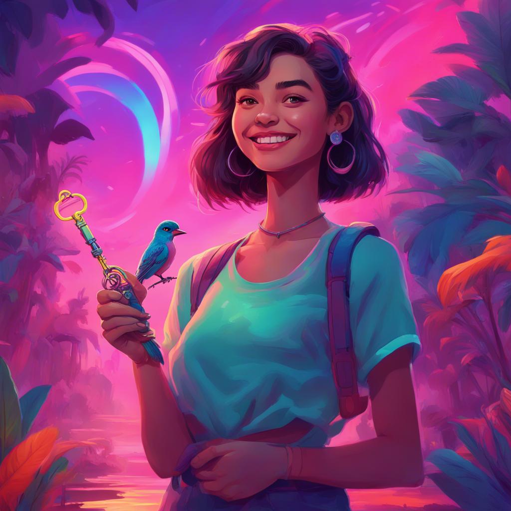 Zina, a confident girl, smiling wide as she holds the magical key, with Bulbul perched on her shoulder and Luna flying nearby, in a colorful dreamland, digital art, bright and inspiring, high quality