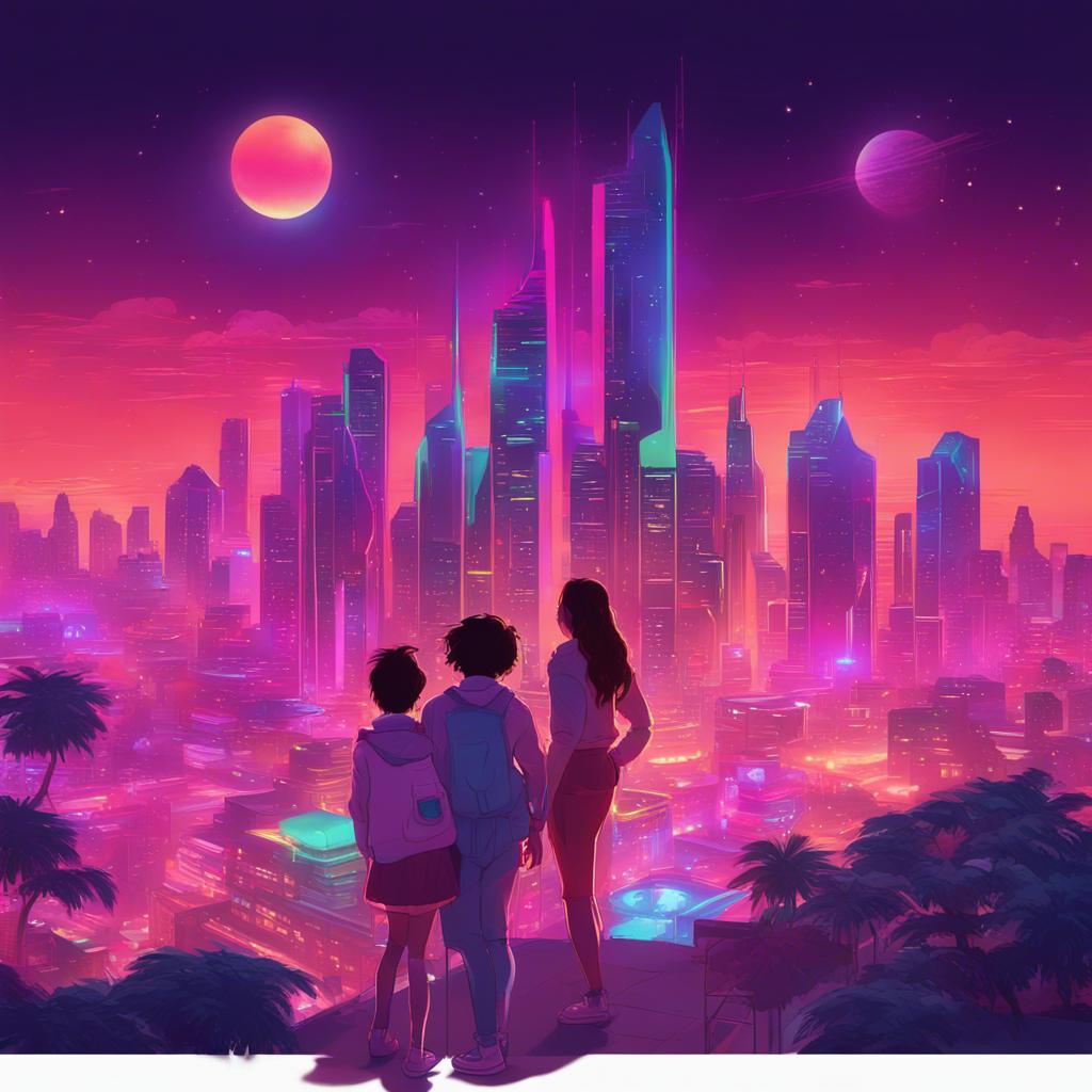 The dream city glowing with joy and peace, with colorful lights everywhere, as Zina, Bulbul, and Luna look proudly at their home, illustration, happy and magical ending, high quality