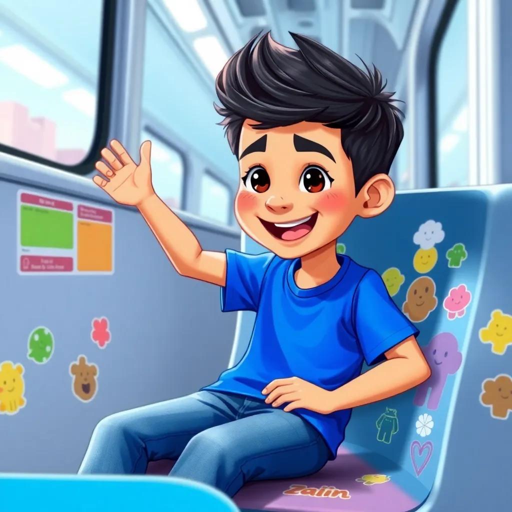 A young Arab boy, Zain, with short dark hair, wearing a bright blue t-shirt and jeans, sitting excitedly on a train seat with colorful stickers around, cheerful atmosphere, illustration, bright colors, playful setting, high quality