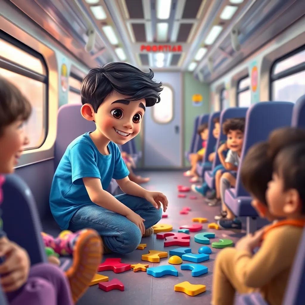 Zain, a young Arab boy, with short dark hair in a blue t-shirt and jeans, creating fun shapes out of seat pieces on the train floor, surrounded by laughing children, colorful environment, vibrant colors, playful scene, child-friendly