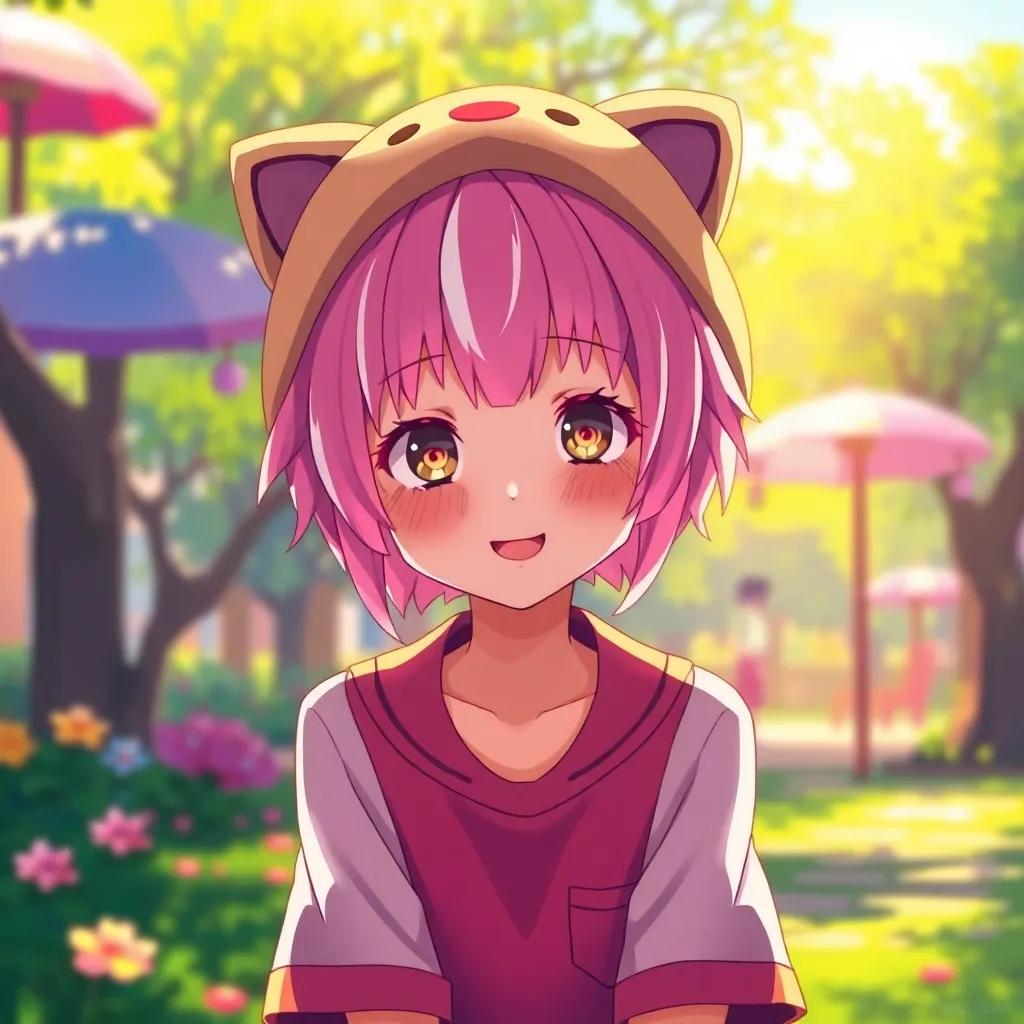 A girl named Sara with short pink hair with rebellious white strands and two bangs, wearing a shirt with a cat-ear hat, sitting in a colorful park, digital art, cheerful atmosphere, bright colors, gentle sunlight, childhood joy, high quality