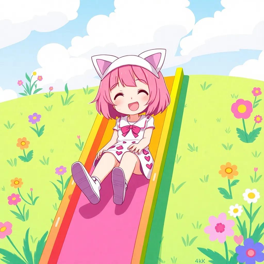 Sara, a girl with short pink hair and cat-ear hat, happily sliding down a colorful slide, surrounded by green grass and colorful flowers, illustration, lively, playful scene, child's dream