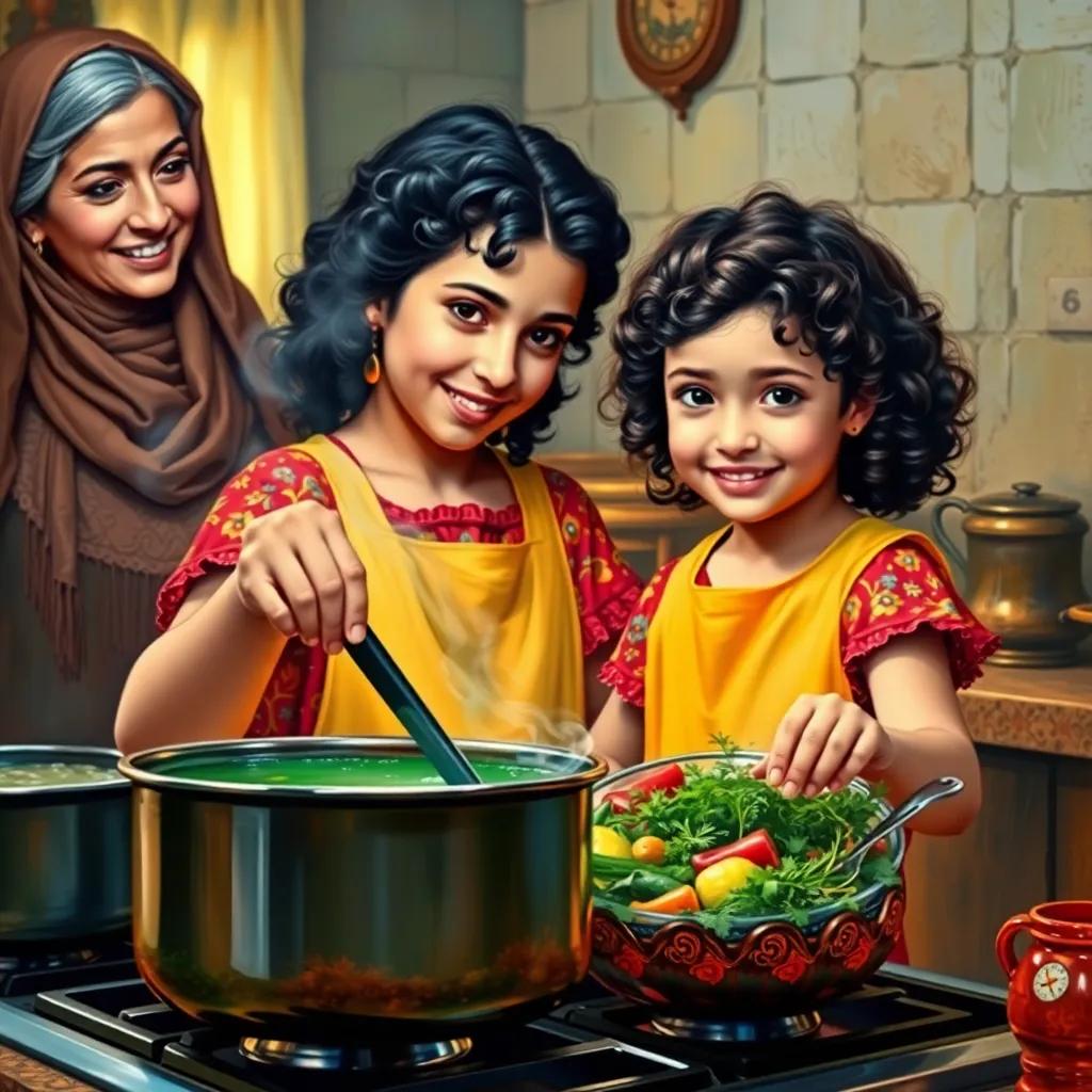 A young Arab girl, Sara, with curly dark hair, wearing a bright apron and a colorful dress, stirring a big pot on a stove, her mother with a warm smile watching her, filled with vegetables and herbs, friendly home environment, warm lighting, heartwarming scene, high quality