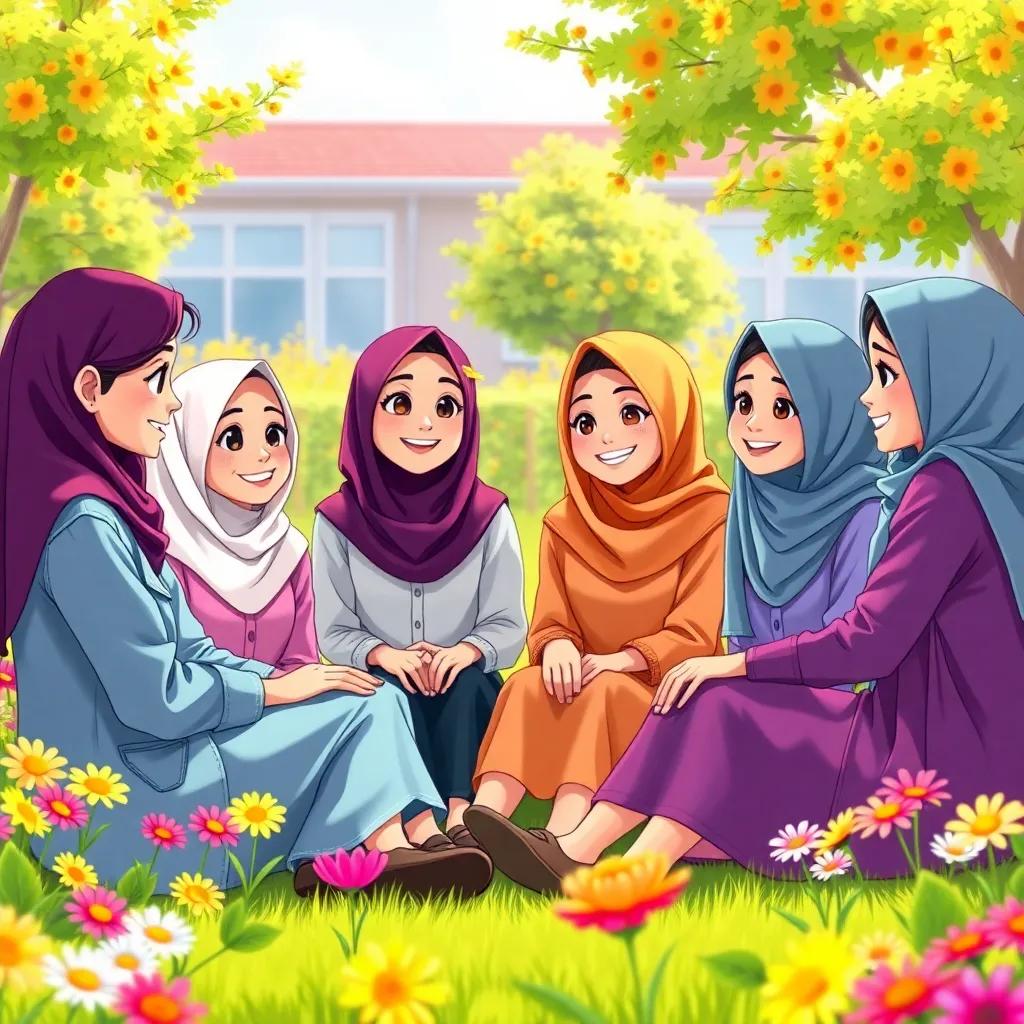 A group of friends sitting in a sunny school garden, discussing excitedly, colorful flowers around them, young Arab girls wearing casual clothes, bright smiles, illustration, cheerful atmosphere, vibrant colors, high quality