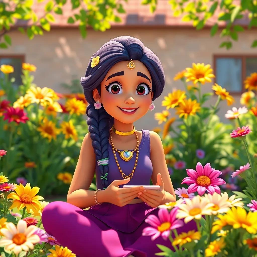 Samsara sitting in a sunny school garden, smiling with confidence, explaining her job, colorful flowers around her, engaging digital art, lively, inviting, high quality