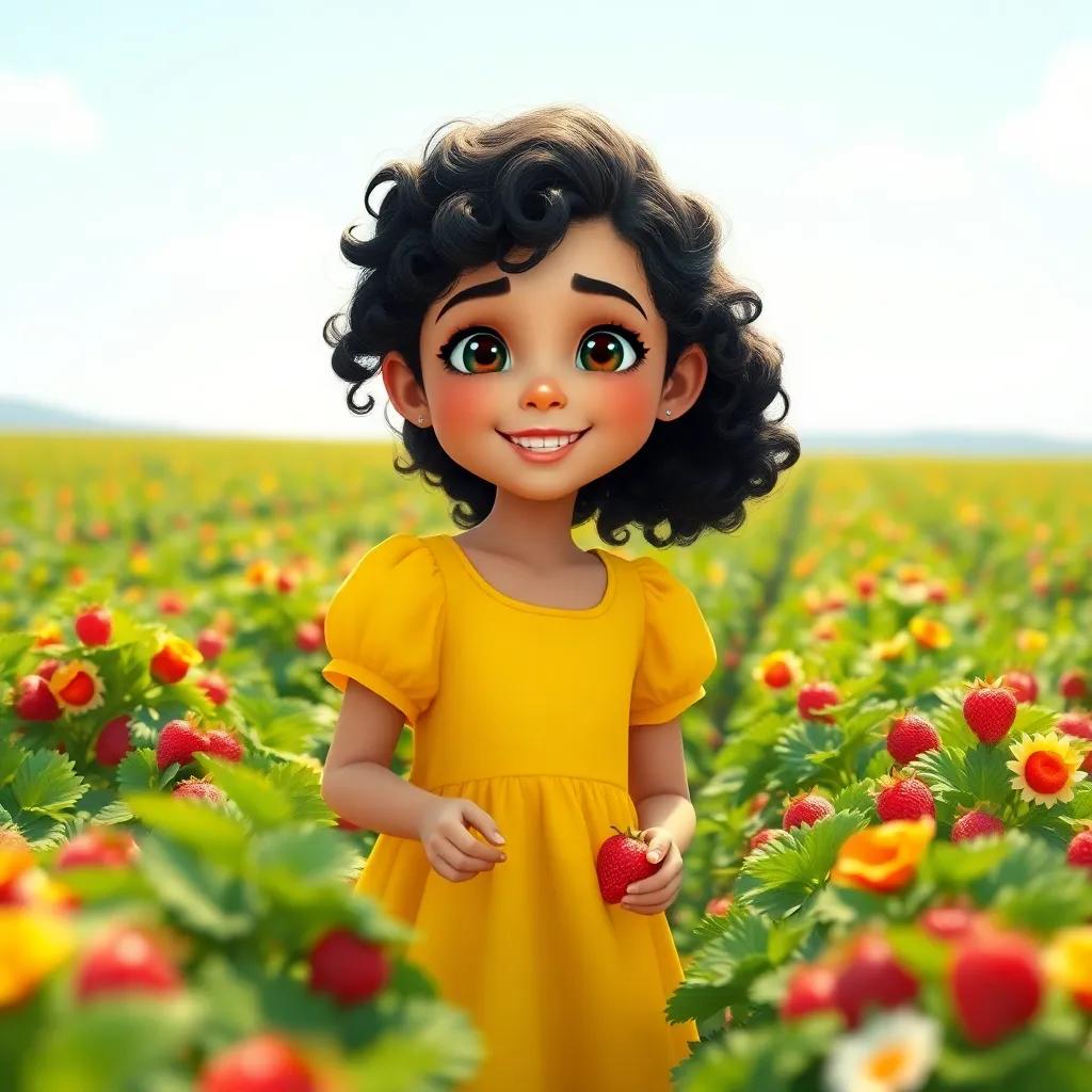 A young Arab girl, Sarah, with curly black hair, wearing a bright yellow dress, happily picking strawberries in a beautiful field, sunny day, vibrant colors, cheerful atmosphere, playful vibe, high quality