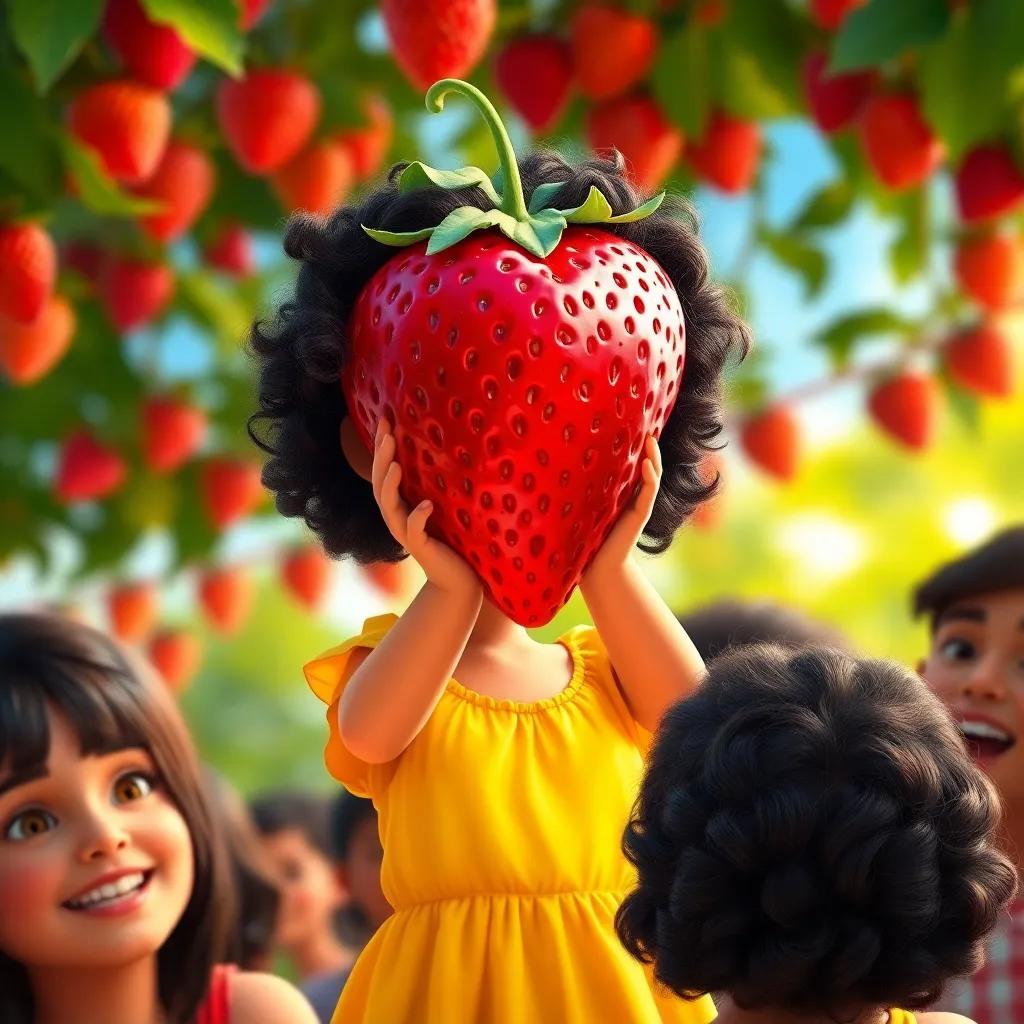 A big, ripe strawberry held up by Sarah, a young Arab girl with curly black hair in a bright yellow dress, surrounded by her friend, enjoying the moment, lively background, colorful, joyful moment, high quality