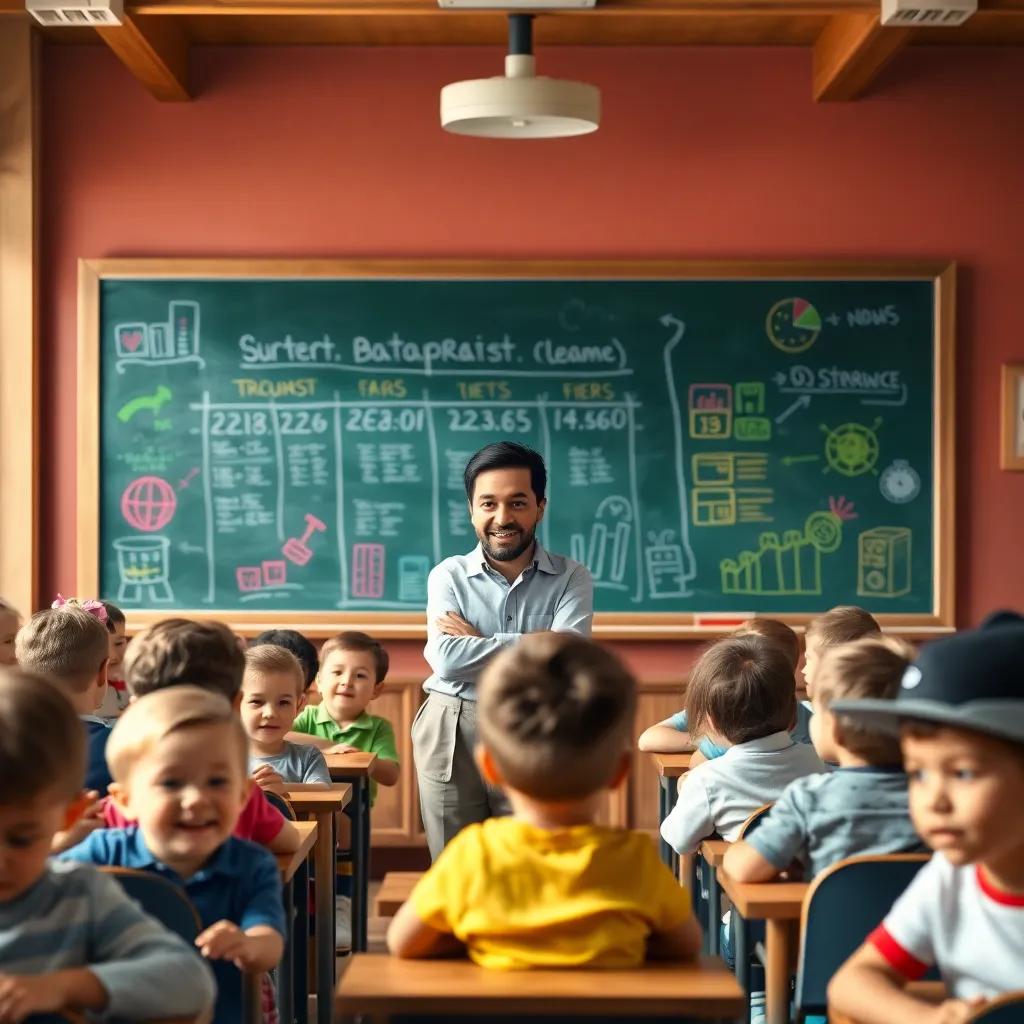 A classroom with young children, a male teacher with short black hair, wearing a shirt and trousers, standing in front of a chalkboard with colorful drawings of databases, excited atmosphere, digital art, bright colors, engaging scene, high quality