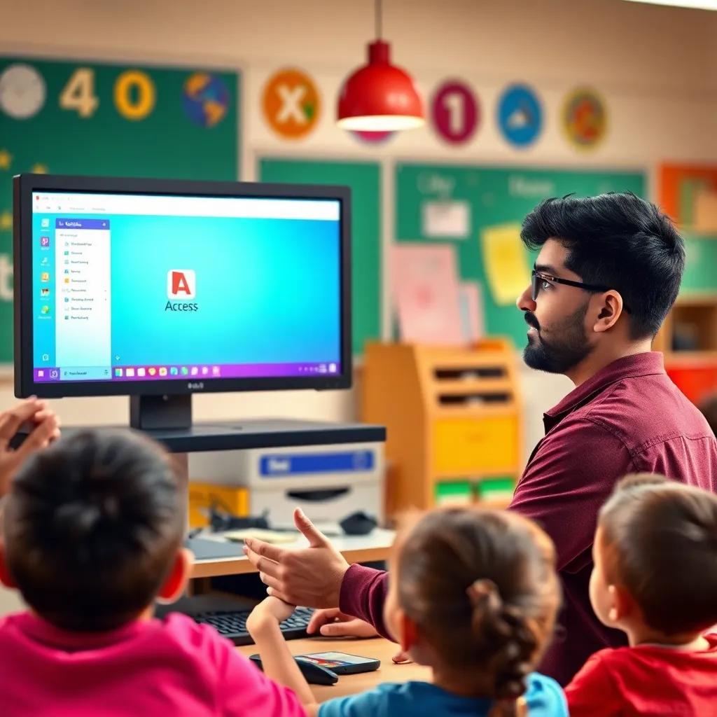 A young teacher, Mohammad, standing in front of a computer with the Microsoft Access interface on display, explaining to kids with excitement and curiosity, colorful classroom background, friendly environment, digital art, warm light, inviting scene, high quality