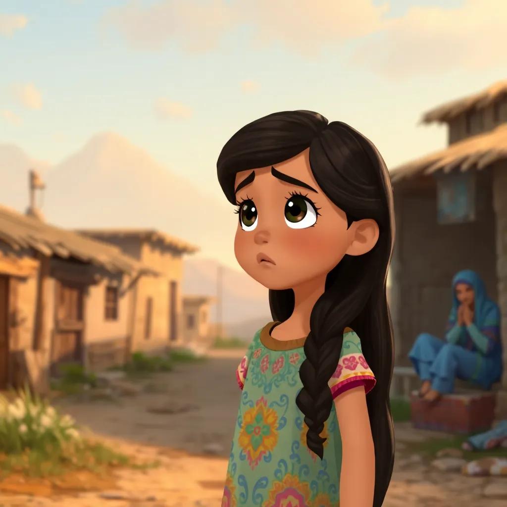 A young Arab girl, Sara, with long, dark hair, wearing a colorful dress, standing in her quiet village with a worried expression, observing her sick neighbors, digital art, warm colors, inviting atmosphere, high quality