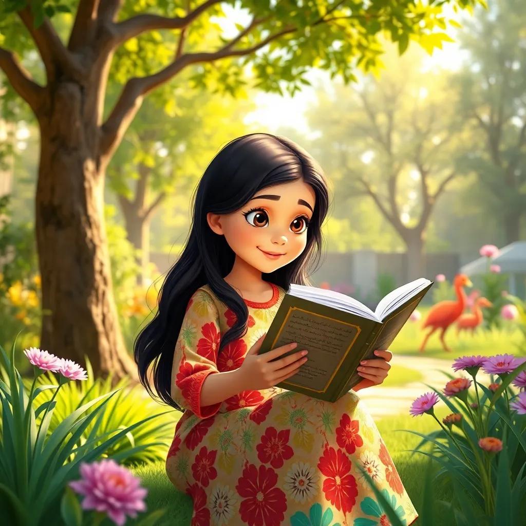 Sara, a young Arab girl with long dark hair in a colorful dress, reading an open book in a sunny garden, surrounded by nature and trees, cheerful and bright colors, engaging learning atmosphere, high quality