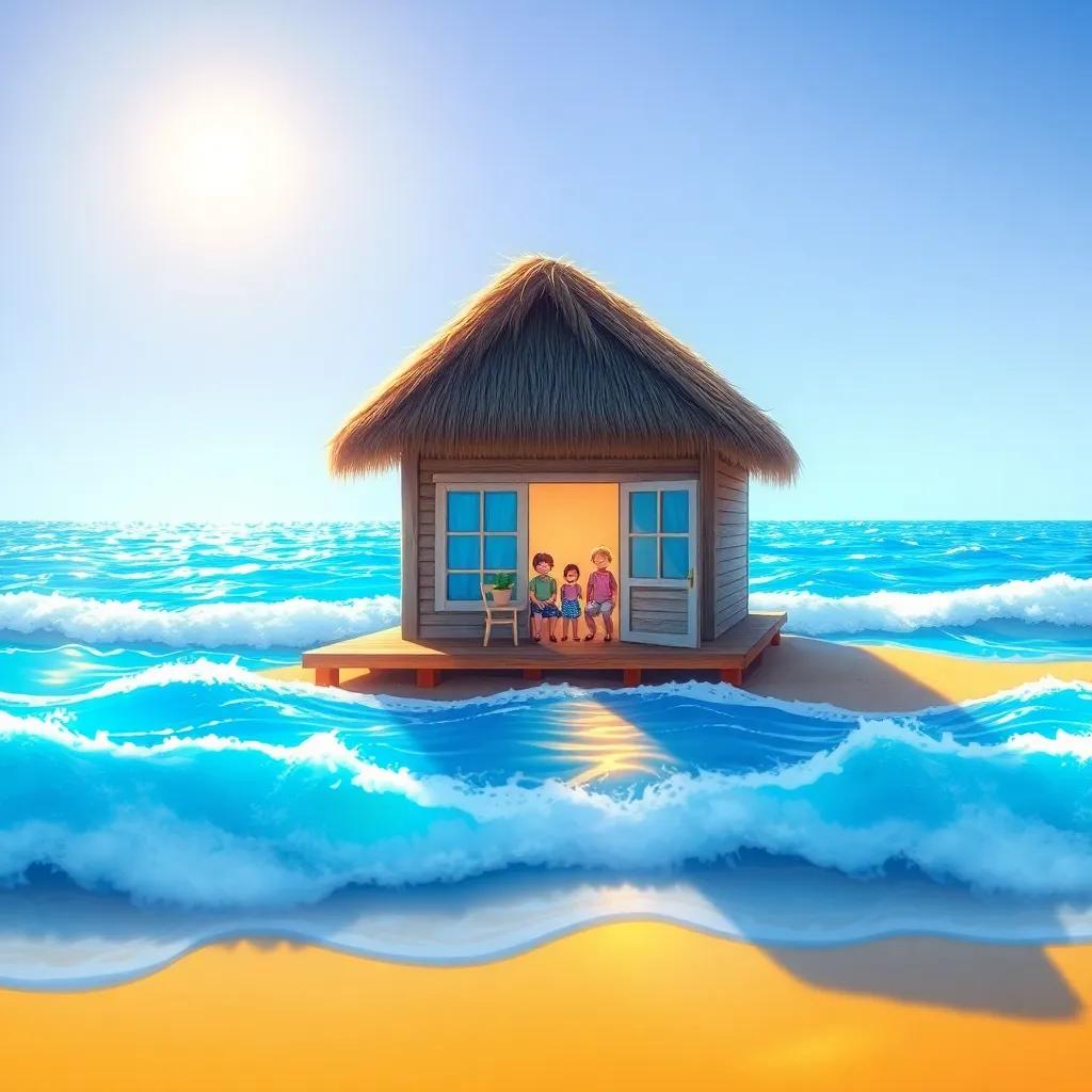 A small beach house with a thatched roof by the sparkling ocean, surrounded by golden sands, blue waves gently crashing, with a family of five visible through the window, vibrant colors, cheerful atmosphere, high quality