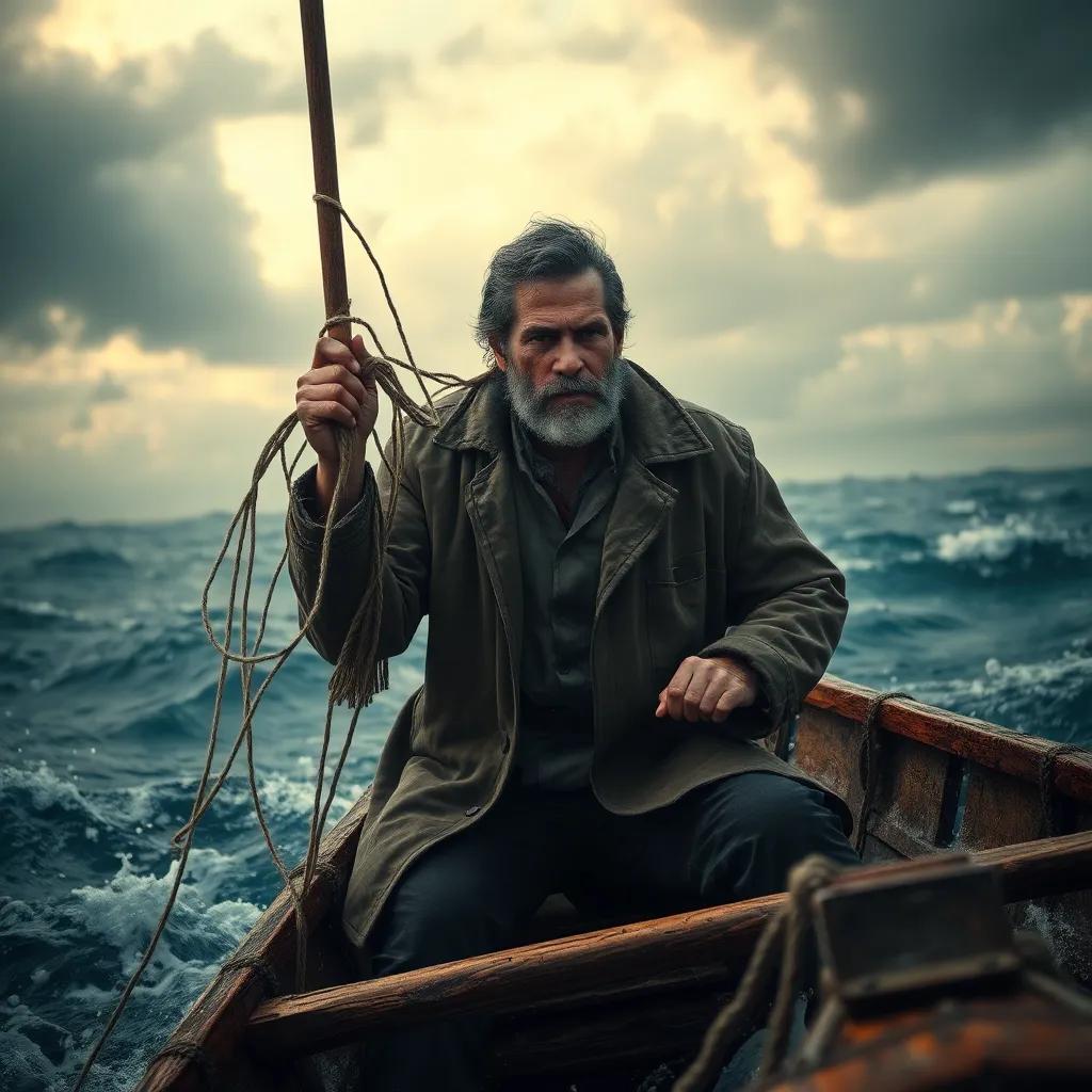 A determined man, Salem, a middle-aged man with tanned skin wearing a worn-out coat and holding an old fishing net, battling the tumultuous sea in a small wooden boat, with dark clouds above, dramatic lighting, high detail, adventurous mood
