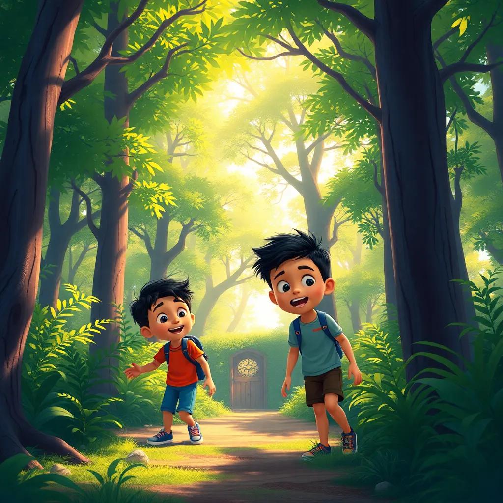A sunny forest with dense trees and sunlight peeking through, two boys, Salem and Omar, looking excited, searching for a secret gate, vibrant colors, adventure, child-friendly, joyful atmosphere