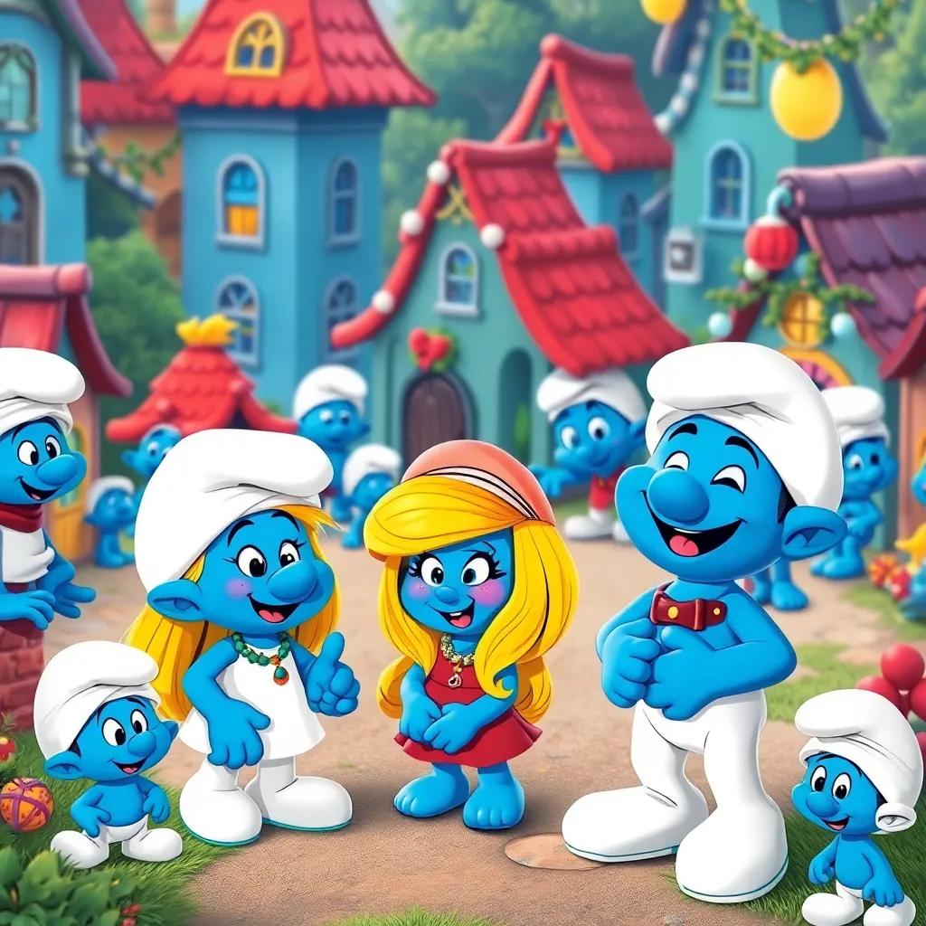 A magical Smurf village with blue, smiling Smurfs among colorful houses, Salem and Omar interacting joyfully with the Smurfs, festive decorations, happy gathering, cheerful scene, cartoonish style