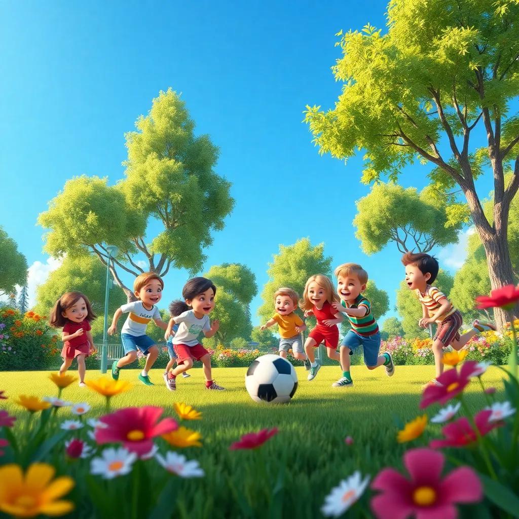 A lively garden scene with a group of friends playing football, colorful flowers and green trees around, children laughing, bright blue sky, warm sunlight, cheerful atmosphere, digital art, vibrant colors, detailed