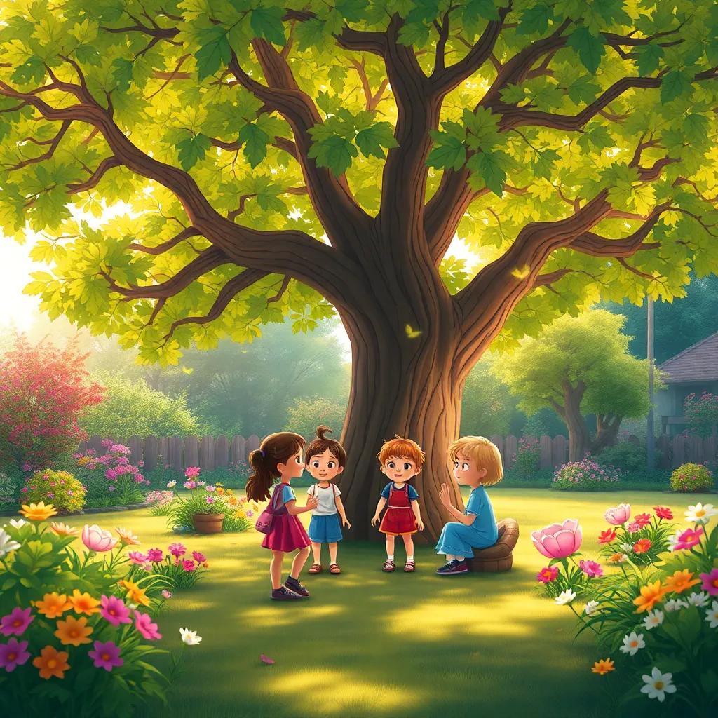 A spacious garden with a big tree where children sit under, discussing dreams with excitement, colorful scenery with flowers and soft light filtering through leaves, friendly and inviting, digital illustration, warm colors, storytelling essence