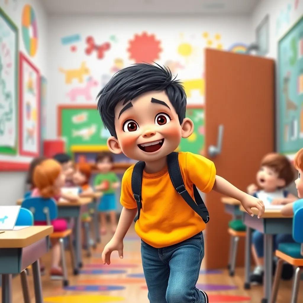 A playful young boy, Sami, with short black hair wearing a bright-colored shirt and jeans, excitedly entering a colorful classroom filled with children's drawings, laughter and energy, digital art, vibrant colors, cheerful atmosphere, child-friendly, high quality