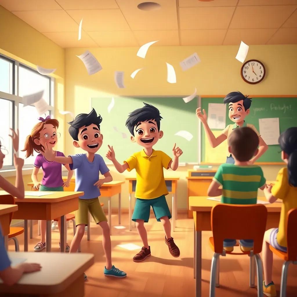 A lively classroom scene with Sami, a playful young boy with short black hair in a bright-colored shirt, leading his friends in a fun dance party, papers flying around and a surprised teacher looking on, illustration, energetic setting, warm light, engaging imagery