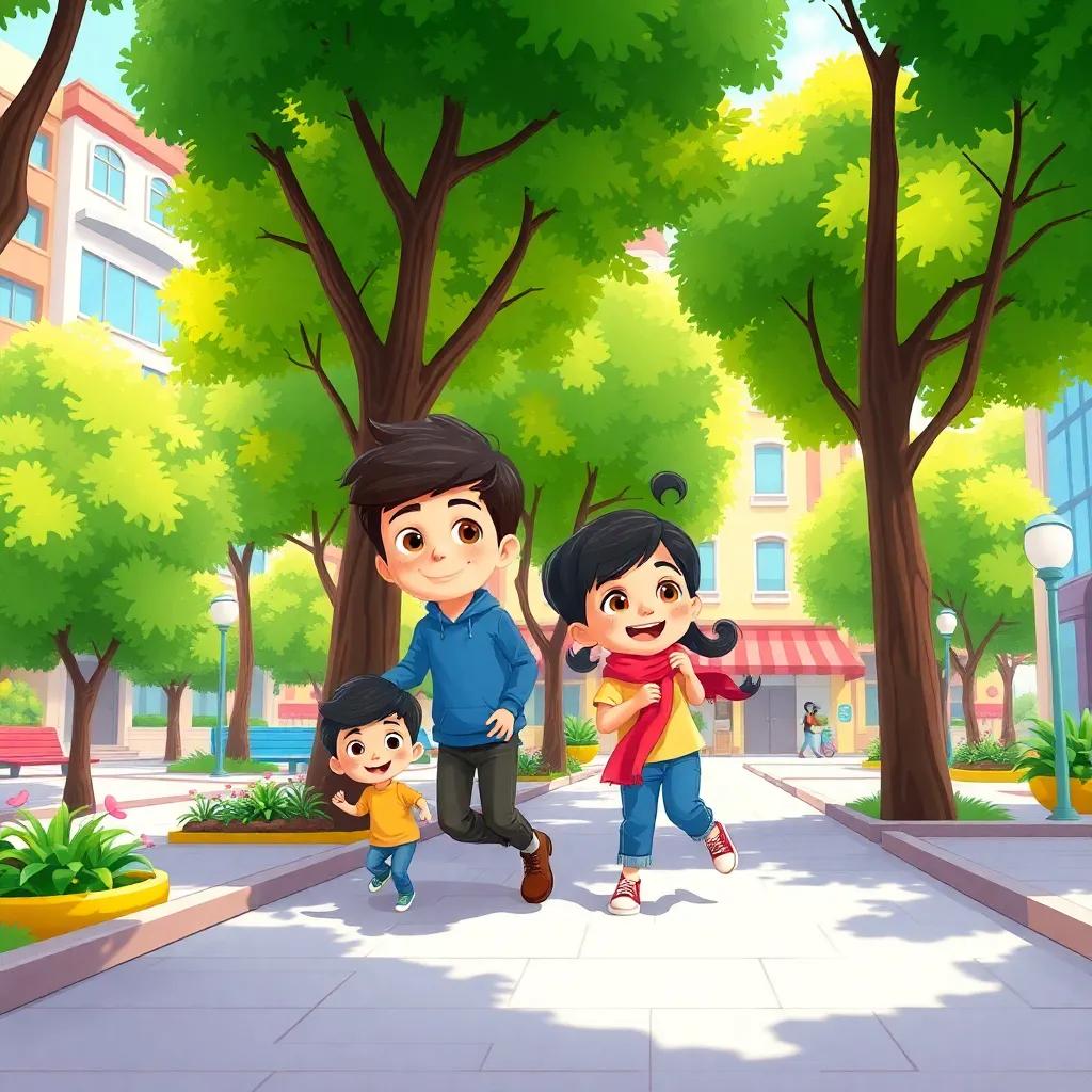 A colorful city park with two siblings, Sami and Tasnim, playing under trees, cheerful atmosphere, illustration, vibrant colors, child-friendly