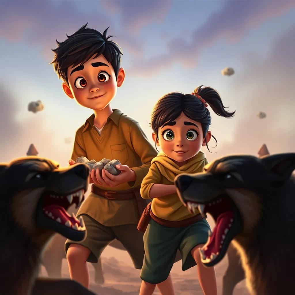 A brave boy, Sami, holding small stones while protecting his sister Tasnim, a young girl, from fierce barking dogs, dramatic scene, bold colors, action-oriented