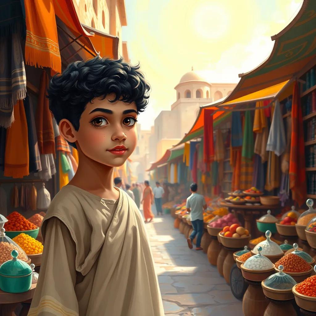 A young boy named Sami with short, curly black hair wearing a simple tunic, exploring a vibrant historical market filled with colorful fabrics and fragrant spices, bright sunny sky, digital art, warm colors, lively atmosphere