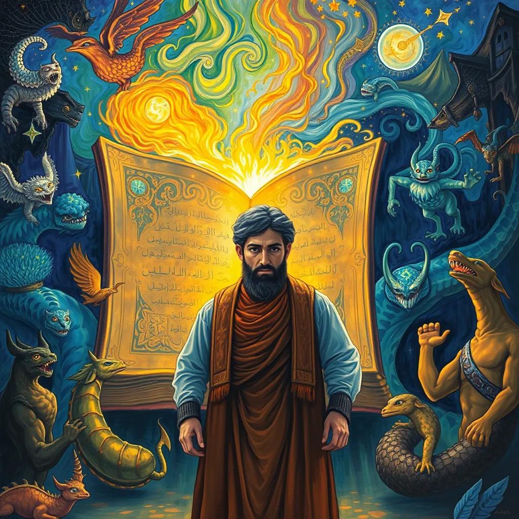 Sami standing in front of an ancient, open book glowing with magical light, with mystical creatures around him, depicting a legendary world with Arabic motifs, illustration, enchanting, vibrant