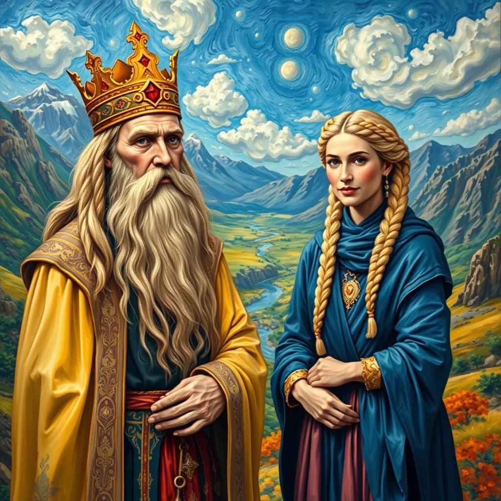 A wise king with a long, flowing beard wearing a golden crown and royal robes, and a kind queen with elegant clothing, standing with Sami in a colorful landscape full of mountains and rivers, magical and adventure-filled, detailed and engaging