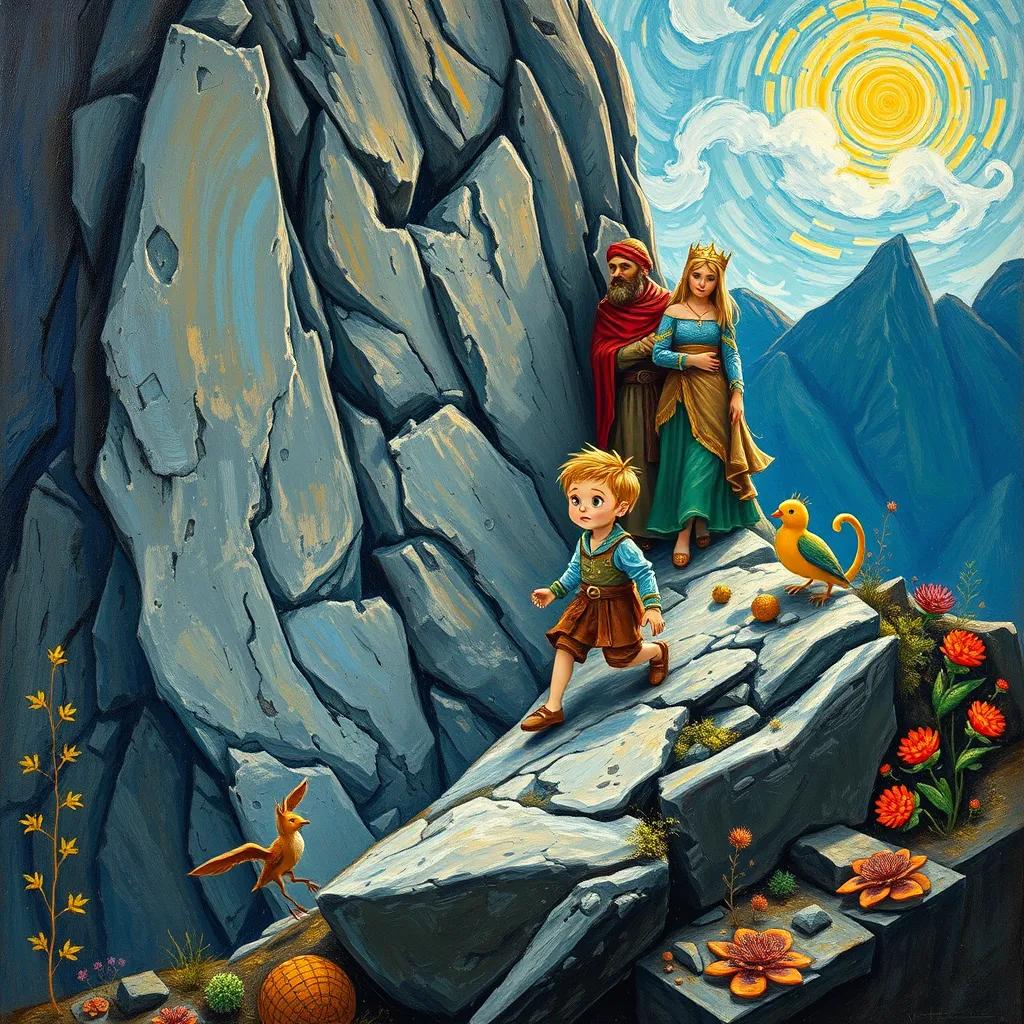 Sami with the king and queen climbing a rocky mountain, facing challenges, Sami showing bravery and cleverness, surrounded by magical creatures and plants, epic scene, child-friendly, adventure-themed
