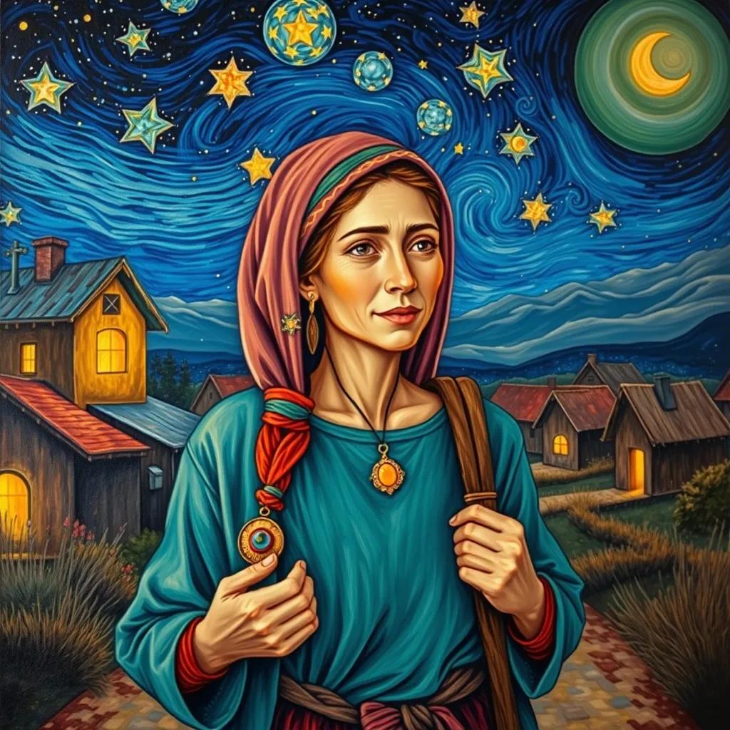 Sami returning home at night, holding a beautiful necklace symbolizing wisdom, with a peaceful village backdrop, filled with stars above, warm and soothing atmosphere, heartwarming scene, colorful and inviting