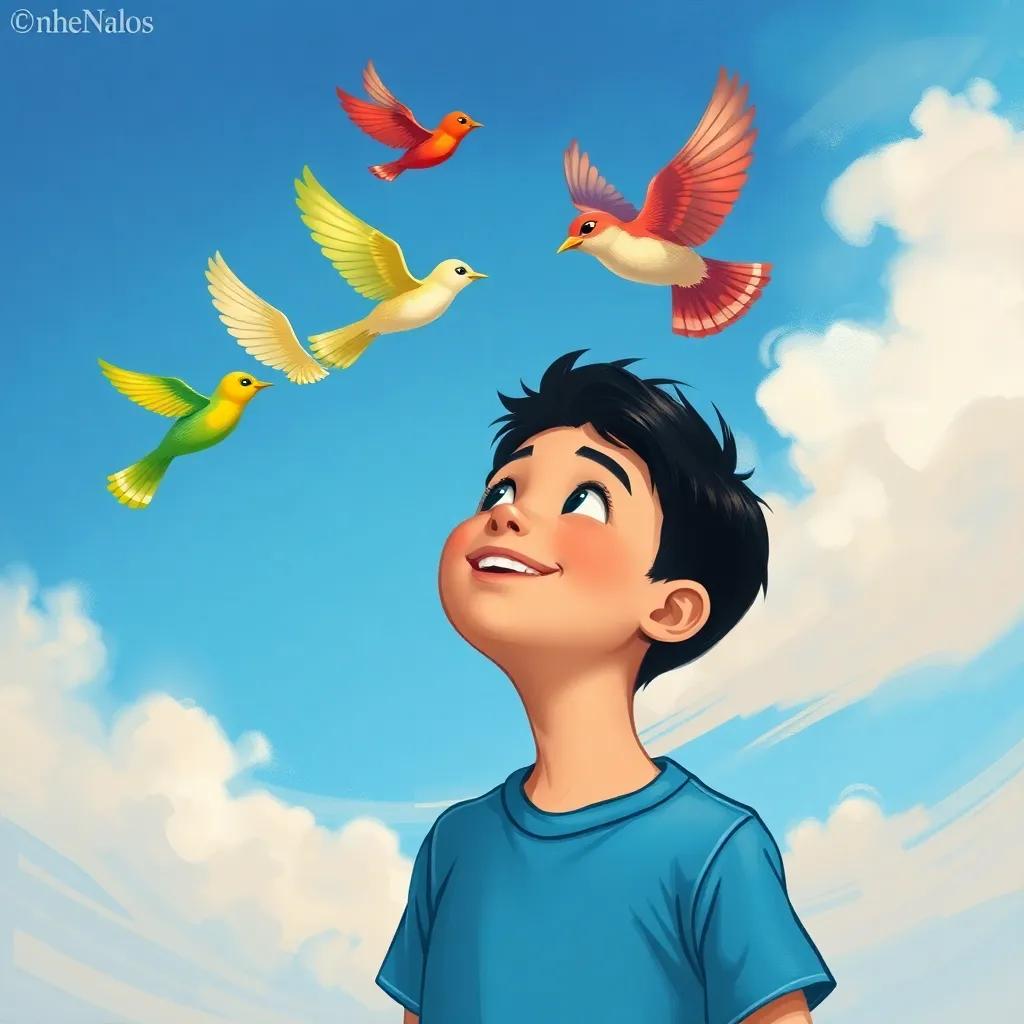 Sami, a cheerful boy with short black hair in a blue t-shirt, looking up at the sky with excitement as he spots four colorful birds flying above him, illustration, vivid colors, playful, child-friendly scene