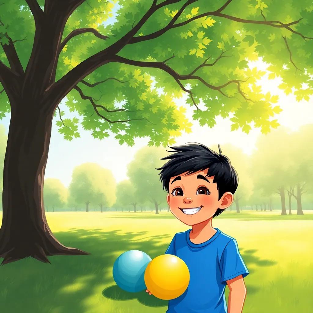 Sami, a happy boy with short black hair in a blue t-shirt, finding four colorful balls under a big green tree in a sunny park, bright sunlight, cheerful and vibrant, child-friendly illustration