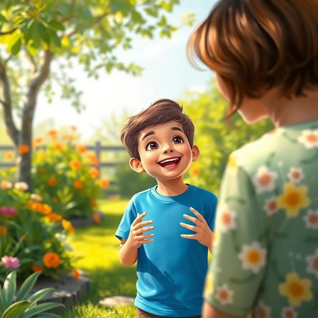 Sami, a joyful boy wearing a blue t-shirt, telling his mother about his counting adventures in a bright garden, warm sunlight, cheerful and inviting scene, high-quality illustration