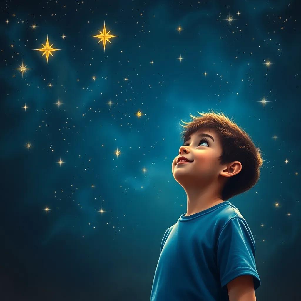 Sami, a young boy in a blue t-shirt, staring at a starry sky, counting stars out loud with joy and wonder, bright stars, nighttime, magical atmosphere, detailed digital art