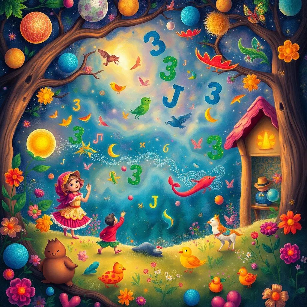 A dreamlike scene with Sami in a colorful world filled with dancing numbers and lively nature, vibrant colors, whimsical and enchanting, high-quality illustration